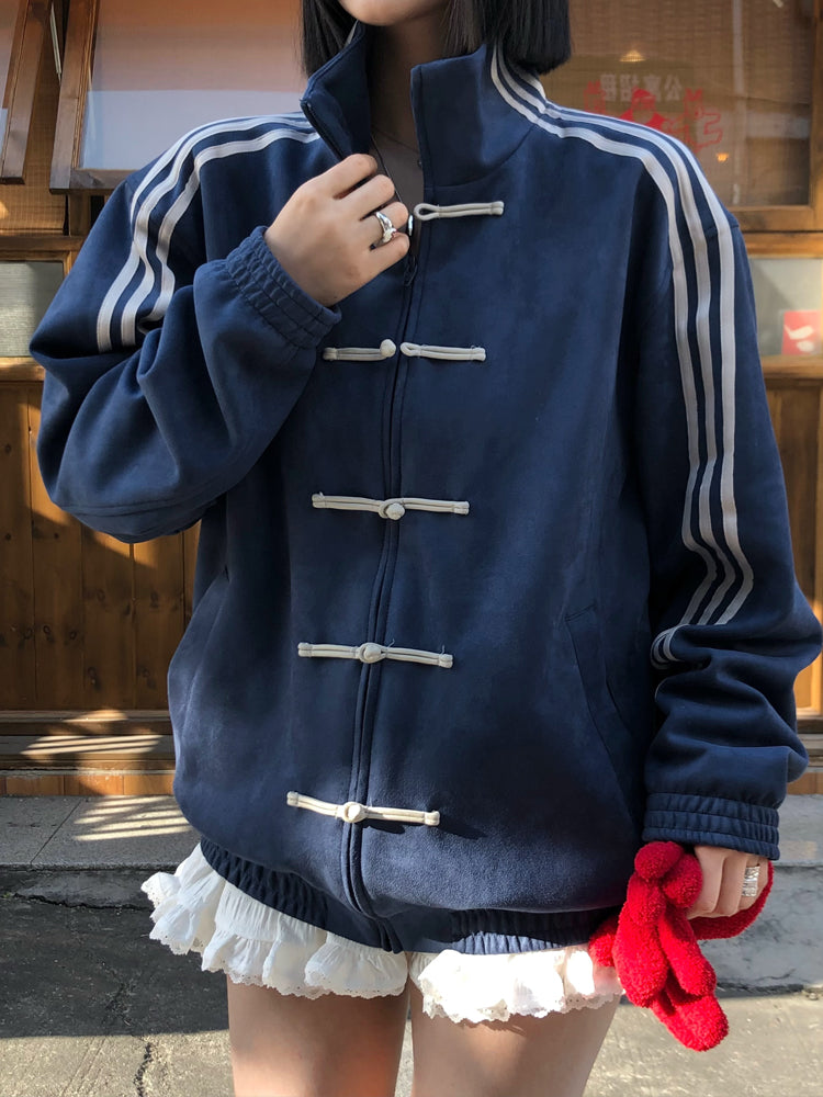チャイナジャージ ブルー チャイナ ジャージ風トップス - Blue – 新霓